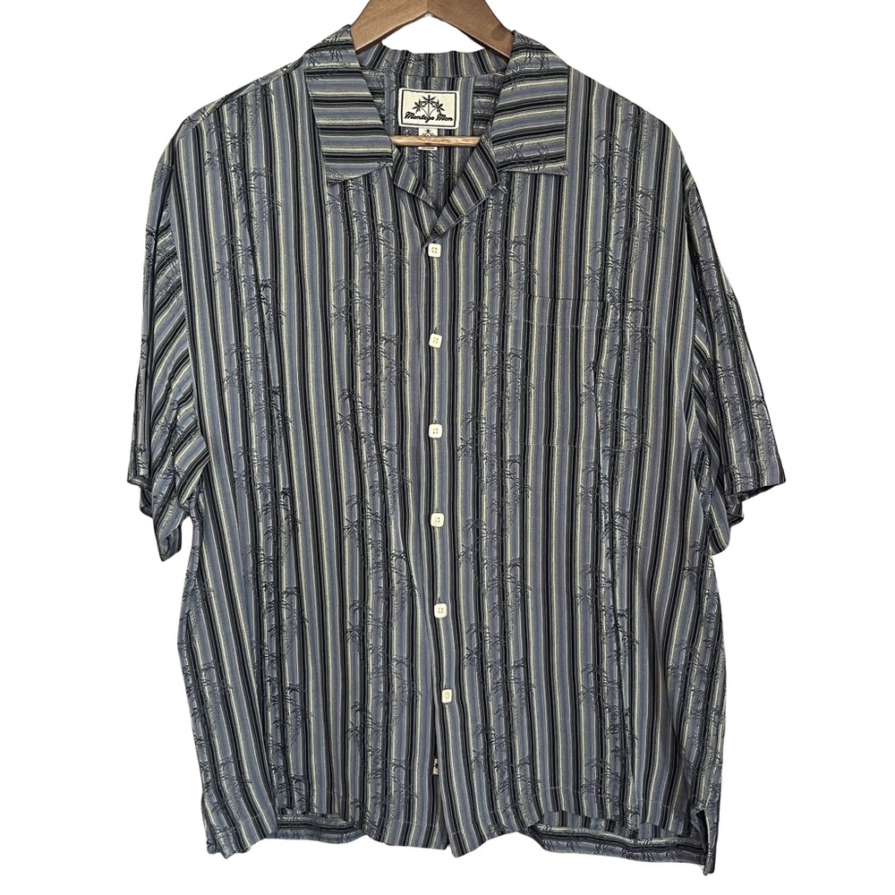Montego Mon Men’s Large 100% Silk Short-Sleeve Button-Down Shirt Hawaiian Blue